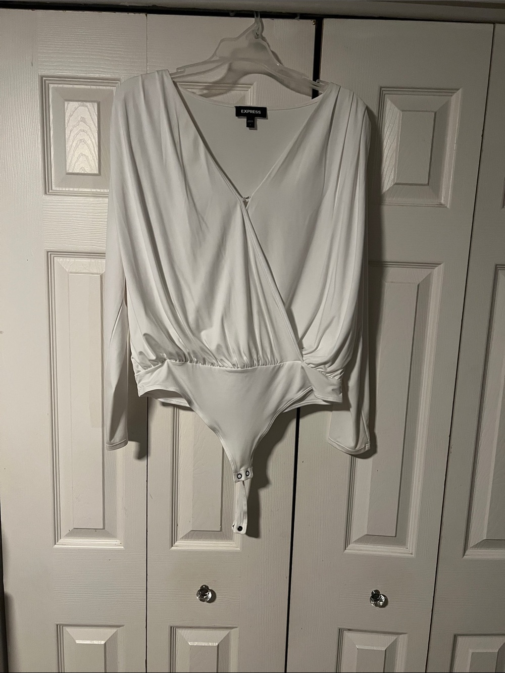 Express White Surplice Long-Sleeve Bodysuit